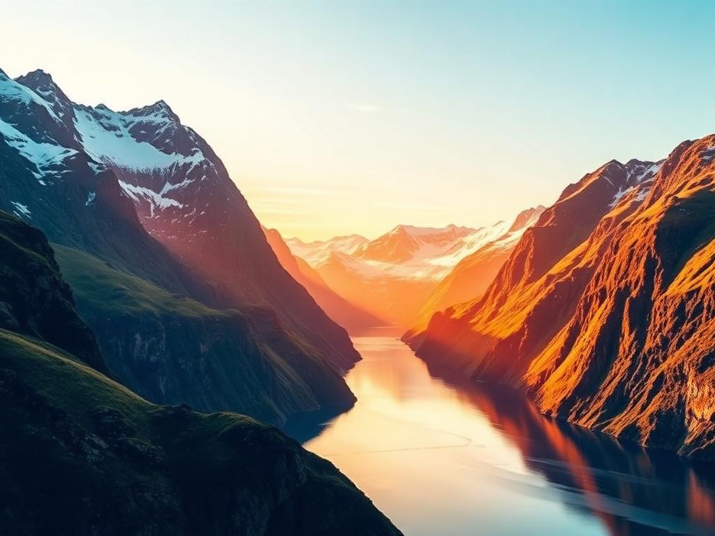 Naturskønt fjordlandskab i solnedgang